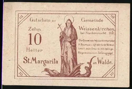 Notgeld Weissenkirchen 1920, 10 Heller, St. Margarita und Pfarrkirche von Weissenkirchen bei Frankenmarkt