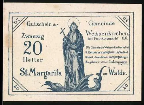 Notgeld Weissenkirchen 1920, 20 Heller, St. Margarita und Pfarrkirche-Motiv