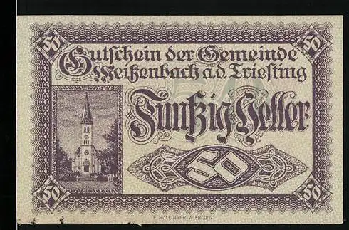 Notgeld Weissenbach an der Triesting 1920, 50 Heller, Kirche und dekorative Schriftzüge