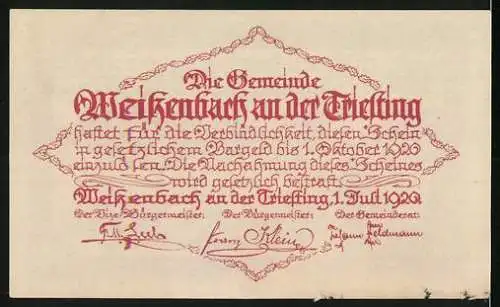 Notgeld Weissenbach an der Triesting 1920, 50 Heller, Kirche und dekorative Schriftzüge