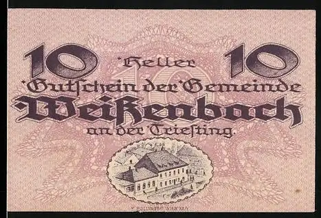 Notgeld Weissenbach 1920, 10 Heller, Gebäude-Motiv und Schriftzug