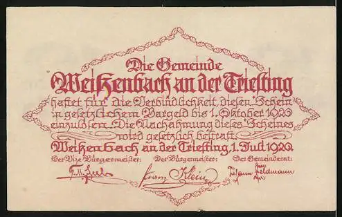 Notgeld Weissenbach 1920, 10 Heller, Gebäude-Motiv und Schriftzug