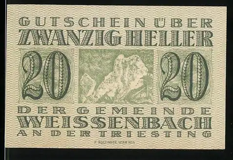 Notgeld Weissenbach an der Triesting 1920, 20 Heller, Bergmotiv und Schriftzug in Zierrahmen