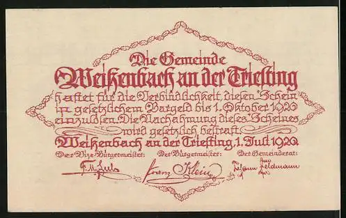 Notgeld Weissenbach an der Triesting 1920, 20 Heller, Bergmotiv und Schriftzug in Zierrahmen