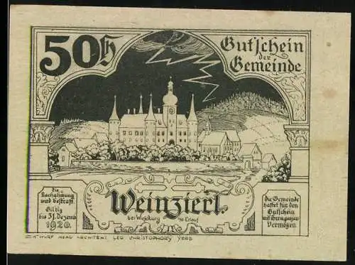 Notgeld Weinzierl 1920, 50 Heller, Dorfszene mit Schloss und Gewitterwolken, Gültig bis 31. Dezember 1920