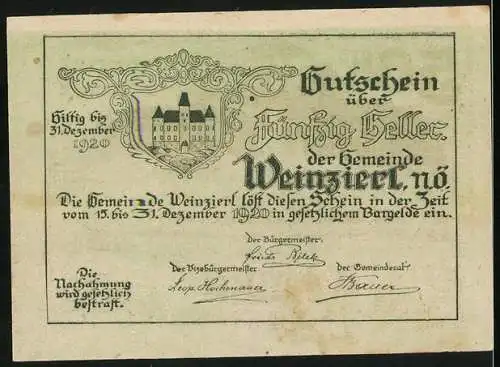 Notgeld Weinzierl 1920, 50 Heller, Dorfszene mit Schloss und Gewitterwolken, Gültig bis 31. Dezember 1920