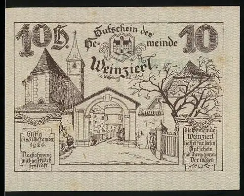 Notgeld Weinzierl 1920, 10 Heller, Stadttor und Kirche, mit Gemeindesiegel und Unterschriften