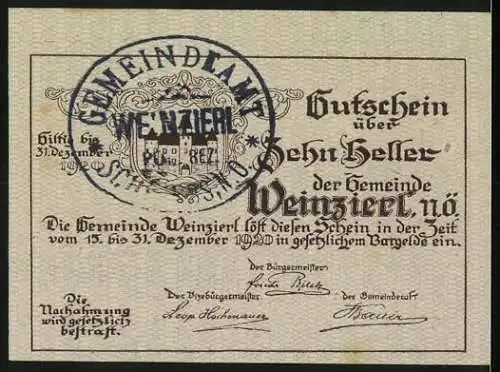 Notgeld Weinzierl 1920, 10 Heller, Stadttor und Kirche, mit Gemeindesiegel und Unterschriften