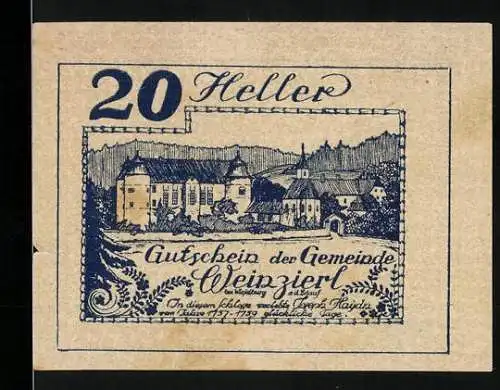 Notgeld Weinzierl 1920, 20 Heller, Schlossansicht und Wappen, gültig bis 31. Dezember 1920