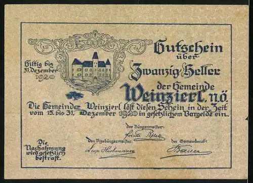 Notgeld Weinzierl 1920, 20 Heller, Schlossansicht und Wappen, gültig bis 31. Dezember 1920