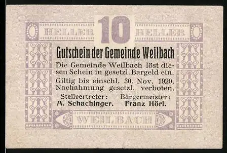 Notgeld Weilbach 1920, 10 Heller, Gutschein der Gemeinde mit Gültigkeitshinweis bis 30. Nov. 1920