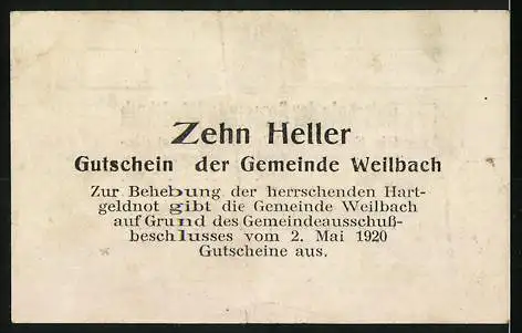 Notgeld Weilbach 1920, 10 Heller, Gutschein der Gemeinde mit Gültigkeitshinweis bis 30. Nov. 1920