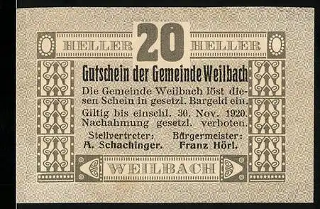 Notgeld Weilbach 1920, 20 Heller, Gutschein der Gemeinde mit Bürgermeisterunterschriften