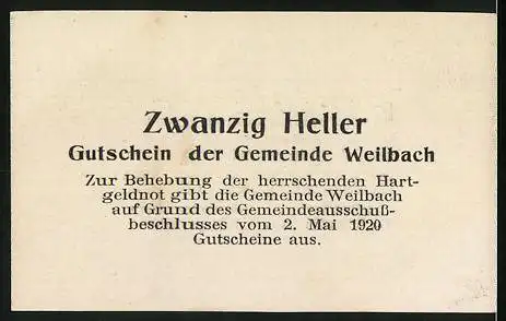 Notgeld Weilbach 1920, 20 Heller, Gutschein der Gemeinde mit Bürgermeisterunterschriften