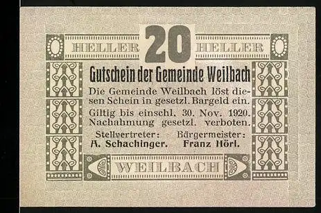 Notgeld Weilbach 1920, 20 Heller, Textmotiv mit Gemeindeerklärung und Amtsangaben