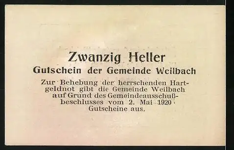 Notgeld Weilbach 1920, 20 Heller, Textmotiv mit Gemeindeerklärung und Amtsangaben