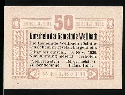 Notgeld Weilbach 1920, 50 Heller, Textausgabe zur Behebung des Hardgeldnotstands