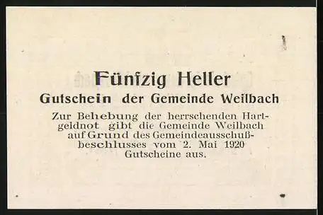 Notgeld Weilbach 1920, 50 Heller, Textausgabe zur Behebung des Hardgeldnotstands