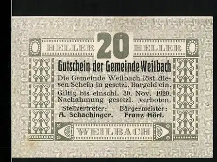 Notgeld Weilbach 1920, 20 Heller, Gutschein der Gemeinde mit dekorativem Muster