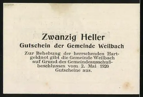 Notgeld Weilbach 1920, 20 Heller, Gutschein der Gemeinde mit dekorativem Muster