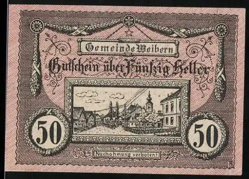 Notgeld Weibern 1920, 50 Heller, Dorfszene mit Kirche und Fachwerkhäusern