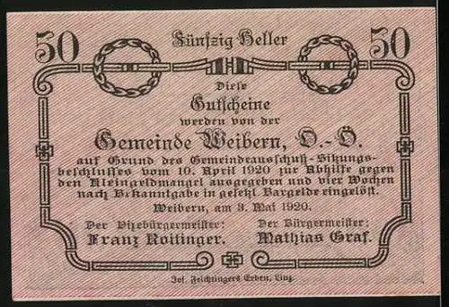 Notgeld Weibern 1920, 50 Heller, Dorfszene mit Kirche und Fachwerkhäusern