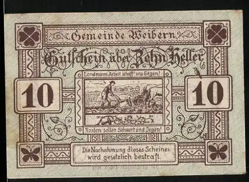 Notgeld Weibern 1920, 10 Heller, Bauer mit Pflug und dekorative Ornamente