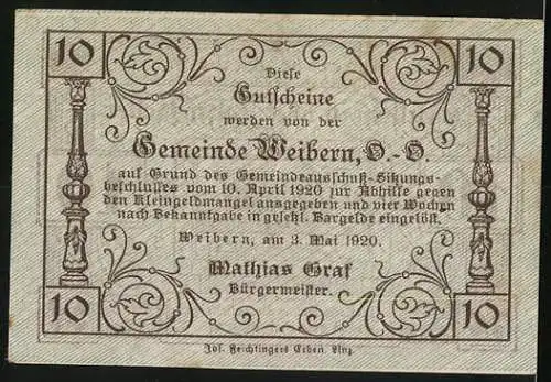 Notgeld Weibern 1920, 10 Heller, Bauer mit Pflug und dekorative Ornamente