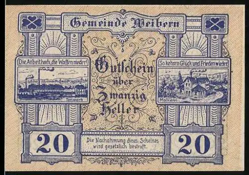 Notgeld Weibern 1920, 20 Heller, Tonwerk und Molkerei Szenen