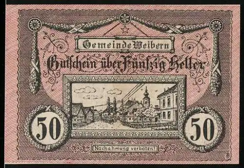 Notgeld Weibern 1920, 50 Heller, Dorflandschaft mit Kirche, Ausgabe aufgrund von Kleingeldmangel