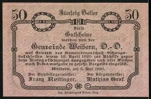 Notgeld Weibern 1920, 50 Heller, Dorflandschaft mit Kirche, Ausgabe aufgrund von Kleingeldmangel