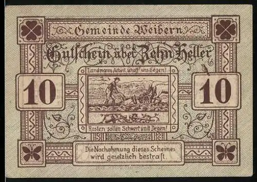 Notgeld Weibern 1920, 10 Heller, Pflügender Bauer und verzierte Ornamente