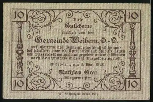 Notgeld Weibern 1920, 10 Heller, Pflügender Bauer und verzierte Ornamente