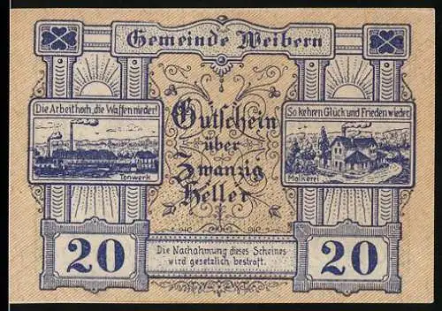 Notgeld Weibern 1920, 20 Heller, Tonwerk und Molkerei-Abbildungen, Seriennummer und Wappen