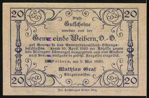 Notgeld Weibern 1920, 20 Heller, Tonwerk und Molkerei-Abbildungen, Seriennummer und Wappen