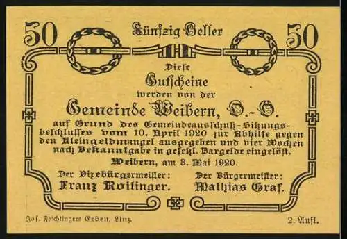 Notgeld Weibern 1920, 50 Heller, Stadtansicht mit Kirche und Gebäuden, kunstvolle Verzierung