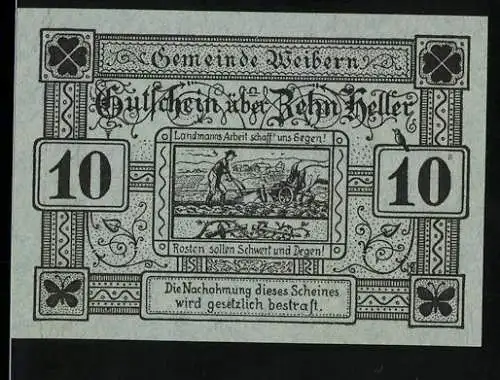 Notgeld Weibern 1920, 10 Heller, Pflügender Bauer vor Landschaftsmotiv