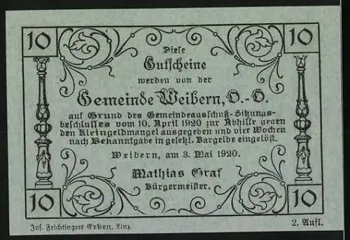 Notgeld Weibern 1920, 10 Heller, Pflügender Bauer vor Landschaftsmotiv