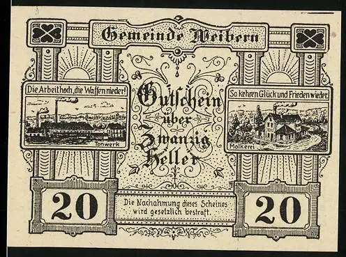 Notgeld Weibern 1920, 20 Heller, Tonwerk und Molkerei Motive