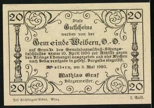 Notgeld Weibern 1920, 20 Heller, Tonwerk und Molkerei Motive