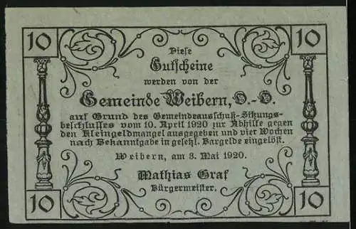 Notgeld Weibern 1920, 10 Heller, Bauernmotiv mit Spruch Landmanns Arbeit schafft uns Segen