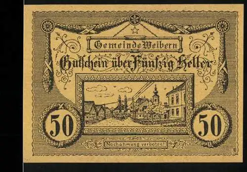 Notgeld Weibern 1920, 50 Heller, Ortsansicht und kunstvolle Verzierung