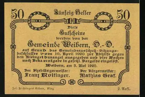 Notgeld Weibern 1920, 50 Heller, Ortsansicht und kunstvolle Verzierung