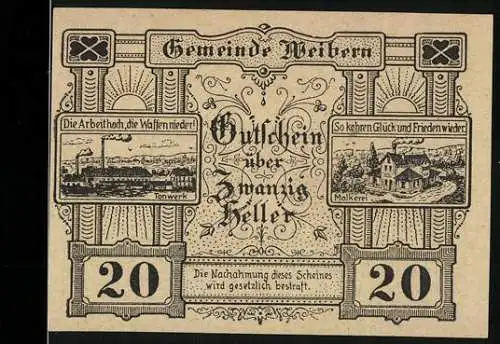 Notgeld Weibern 1920, 20 Heller, Tonwerk und Molkerei-Motive, 2. Auflage