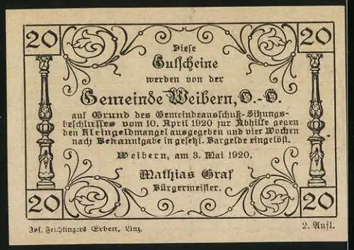 Notgeld Weibern 1920, 20 Heller, Tonwerk und Molkerei-Motive, 2. Auflage