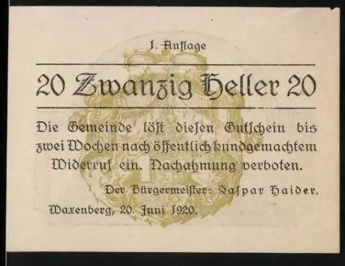 Notgeld Waxenberg 1920, 20 Heller, Abbildung einer Burg mit Anno 1500