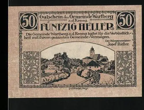 Notgeld Wartberg 1921, 50 Heller, Stadtansicht und Pflügender Bauer mit Pferden