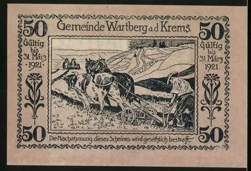 Notgeld Wartberg 1921, 50 Heller, Stadtansicht und Pflügender Bauer mit Pferden