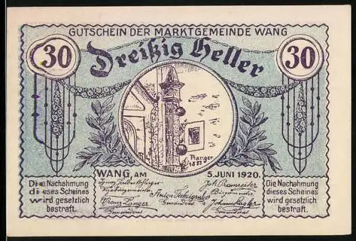 Notgeld Wang 1920, 30 Heller, Pranger, Wappen & Blumenornamente