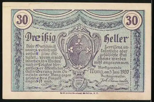 Notgeld Wang 1920, 30 Heller, Pranger, Wappen & Blumenornamente